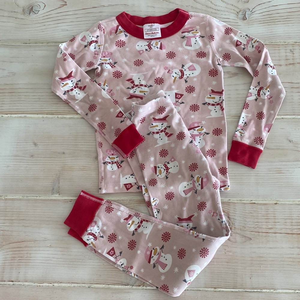 Hanna Andersson Long John Organic Cotton Pajama Set In Pink Winter Print sz 6-7